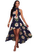 Sexy Dark Blue Floral Print High-low Halter Maxi Boho Dress